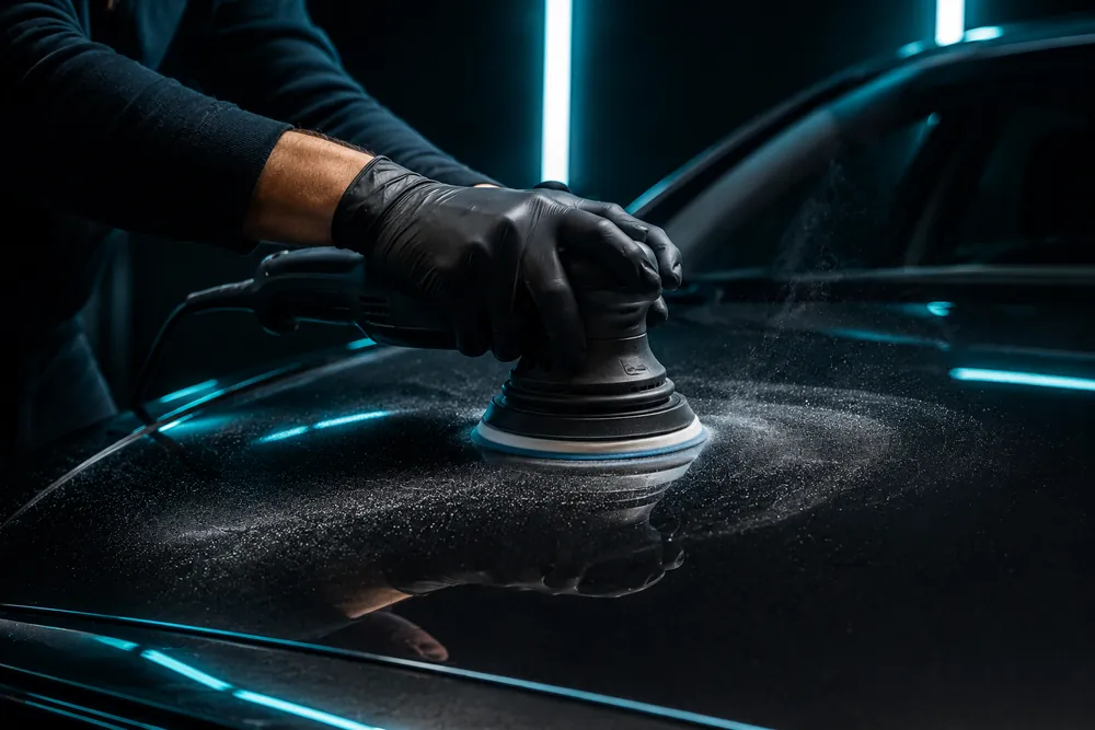 Machine polisher restoring gloss on a dark bonnet